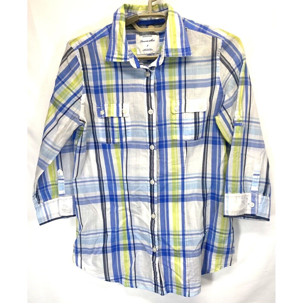 American Eagle Women's Favorite Shirt Size 4 Plaid 3/4 Sleeve Button Up RN54485